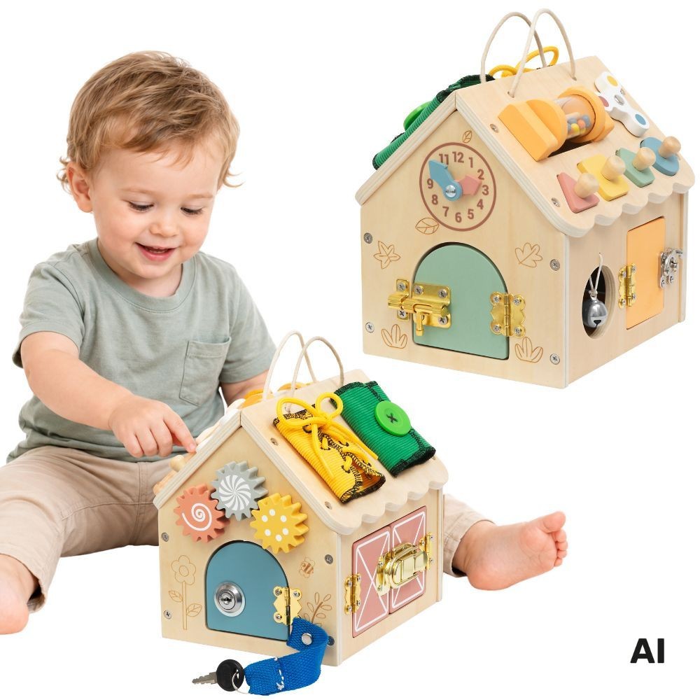 Tooky Toy wooden activity house with locks and gears
