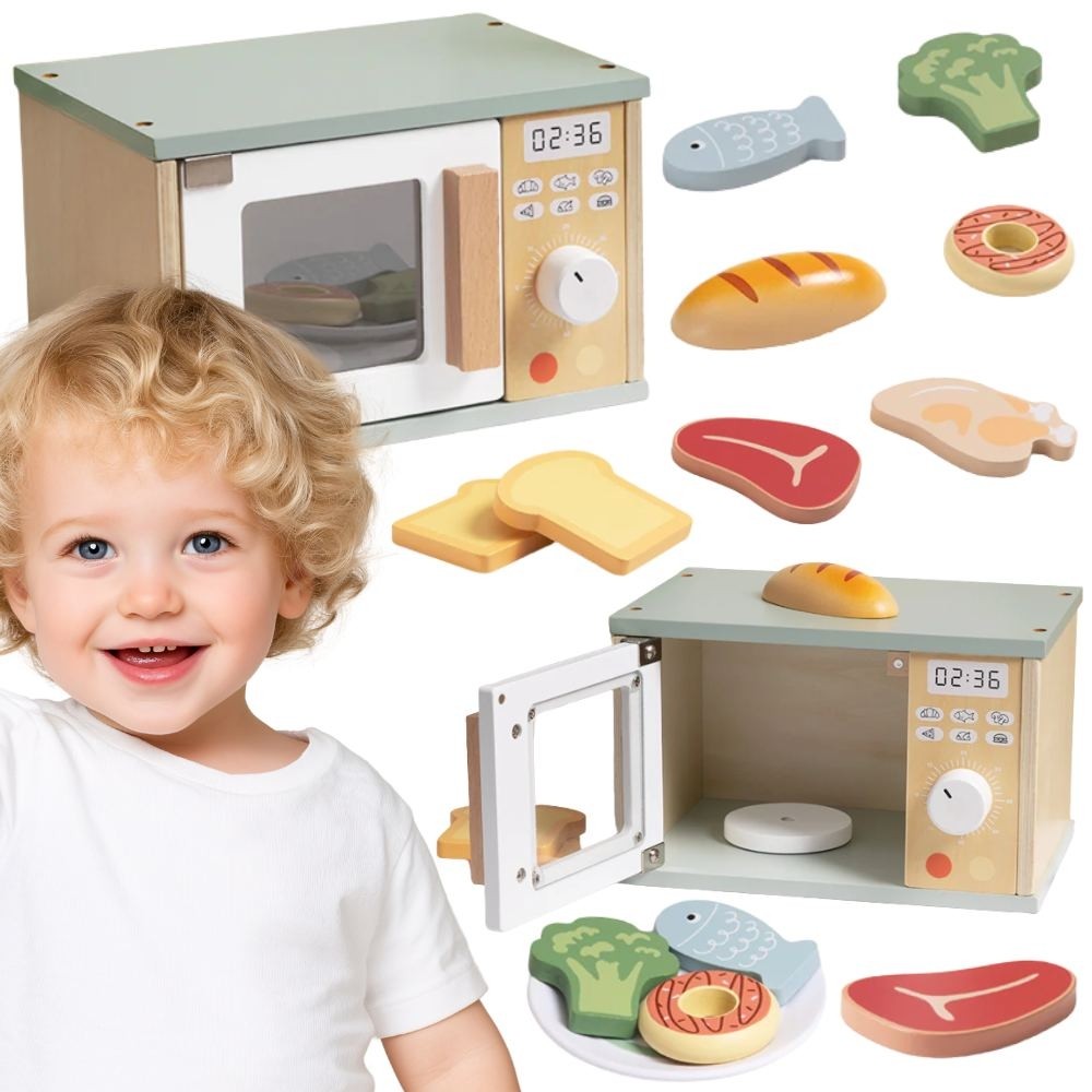 Tooky Toy koka mikroviļņu krāsns ar ēdieniem