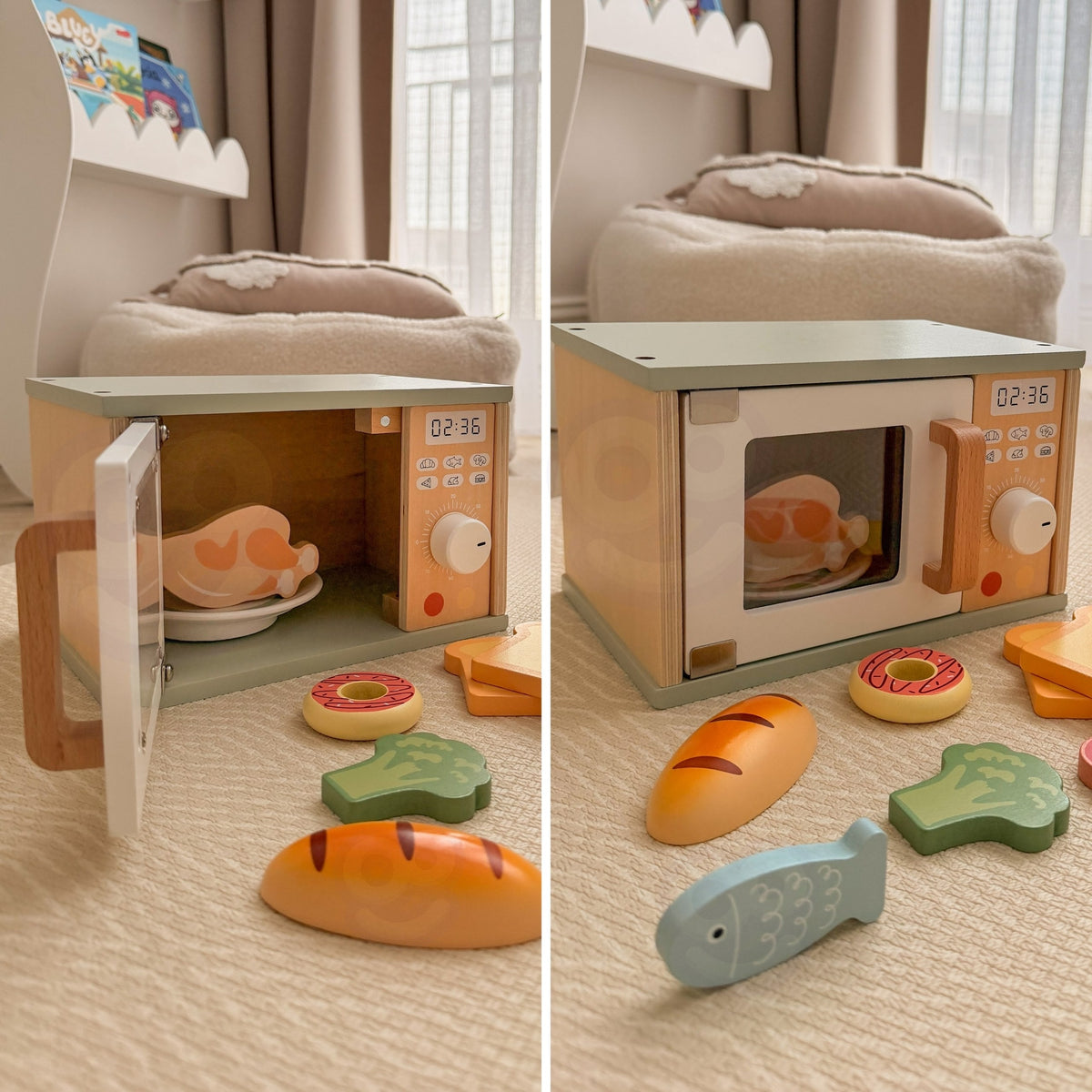Tooky Toy koka mikroviļņu krāsns – maize, virtulis un brokolis