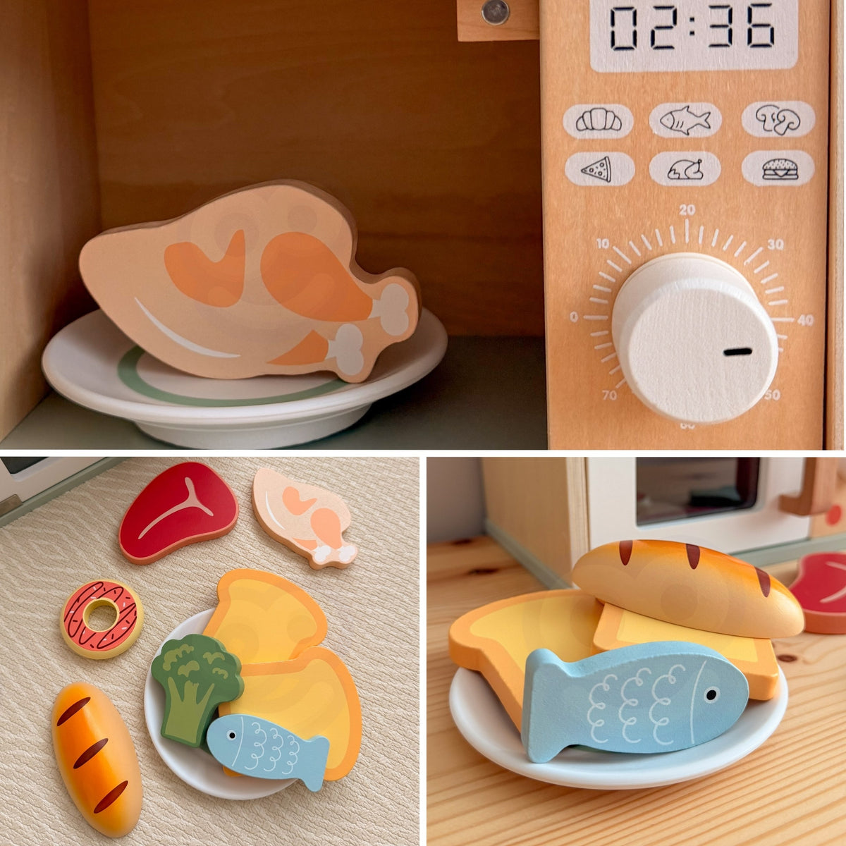 Tooky Toy koka mikroviļņu krāsns – šķīvis ar gatavu maltīti
