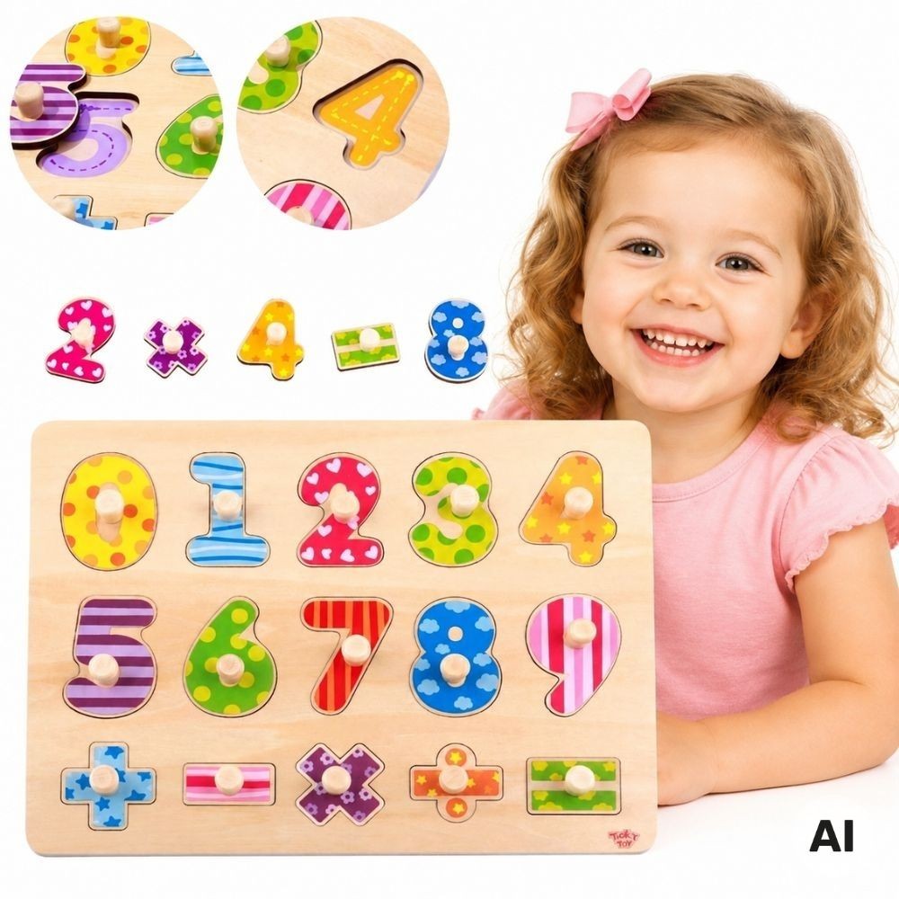 Tooky Toy Wooden Numbers Peg Puzzle 0–9 with Signs