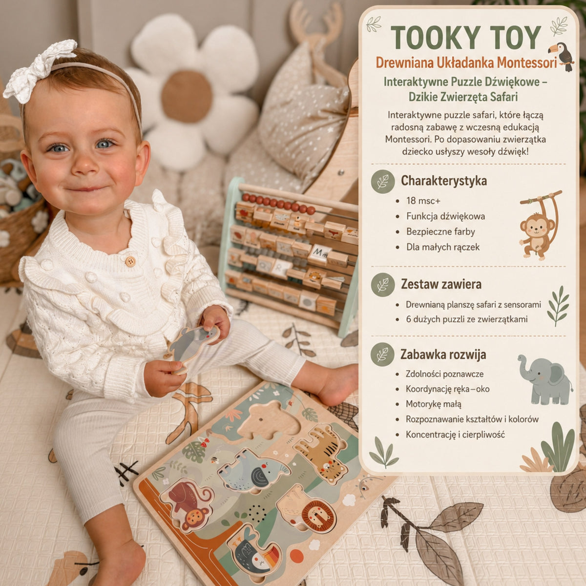 Tooky Toy safari skaņu puzle – seši lieli safari dzīvnieki