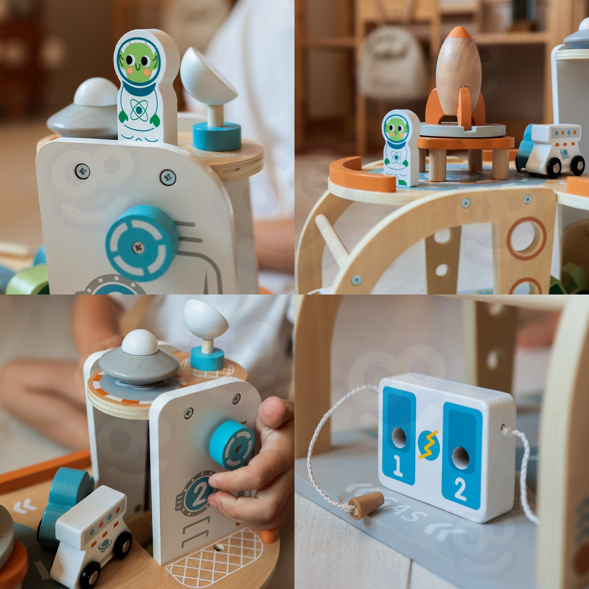 Child playing space mission with wooden astronauts