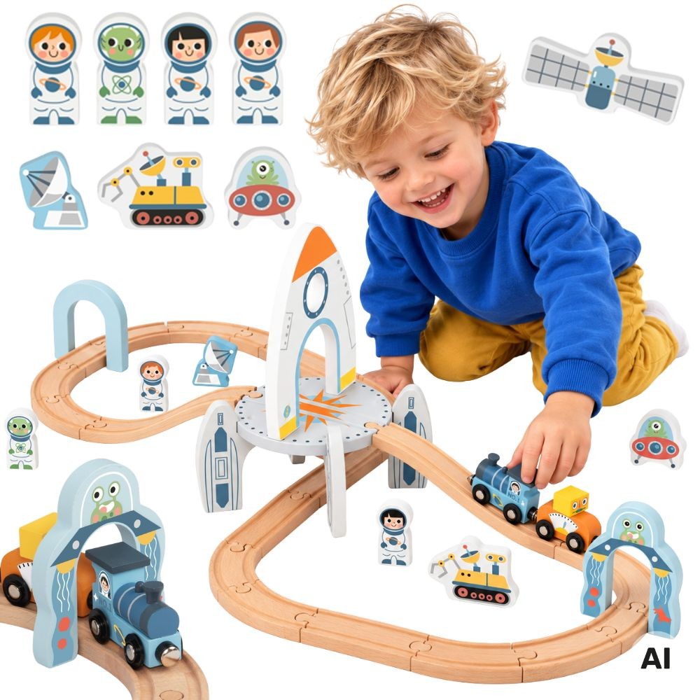 Tooky Toy wooden space train track set with rocket