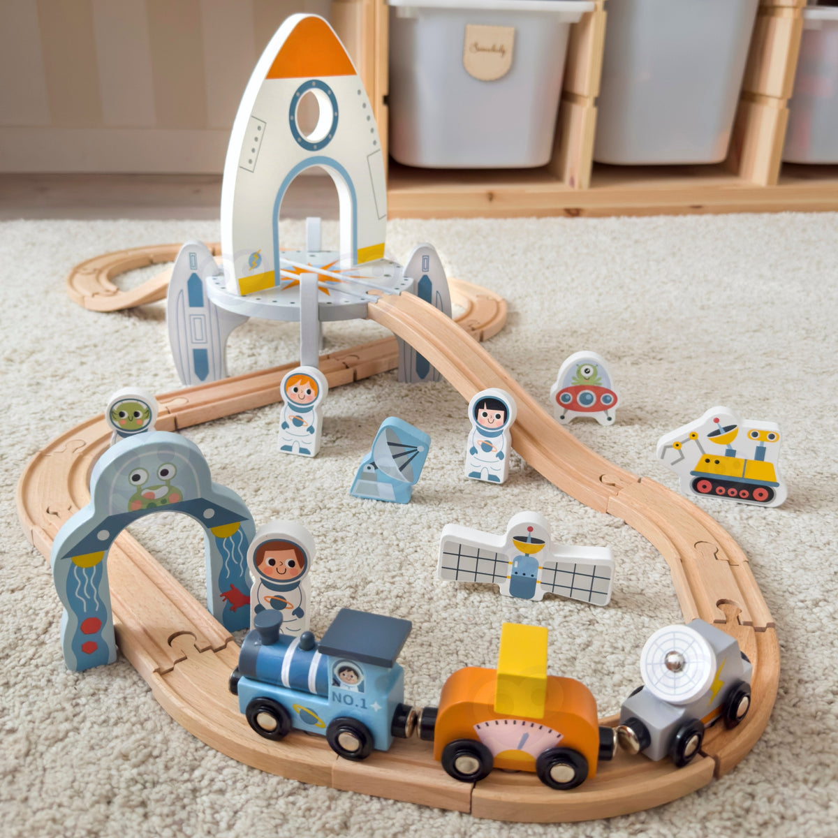 Multi-level wooden track with ramps and alien arch