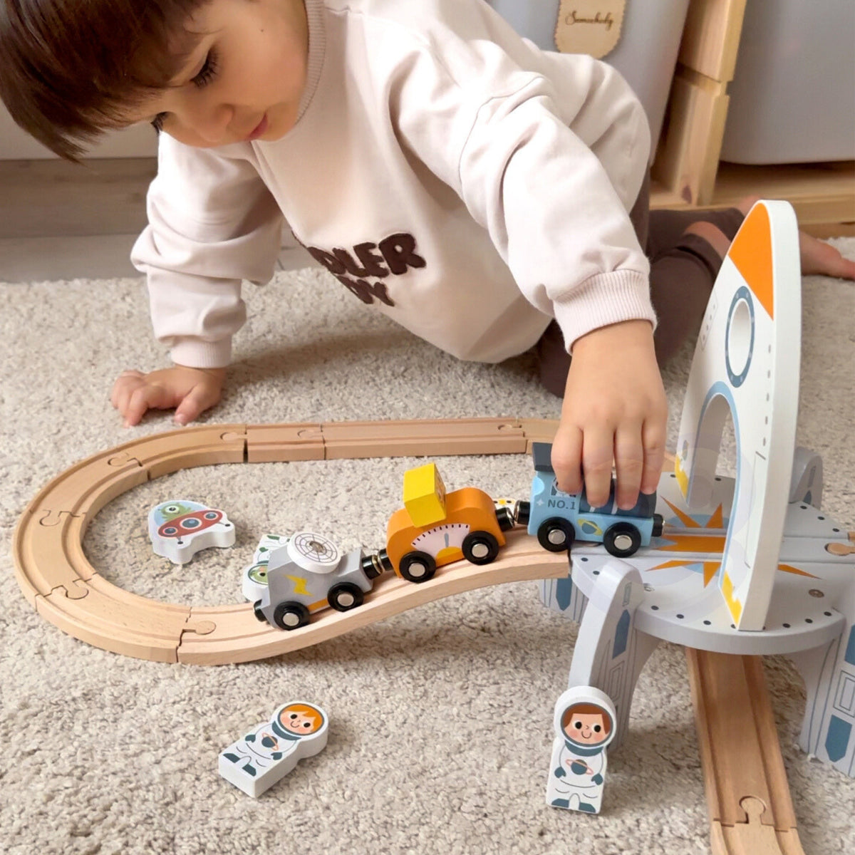 Space themed wooden train set for kids aged 3+