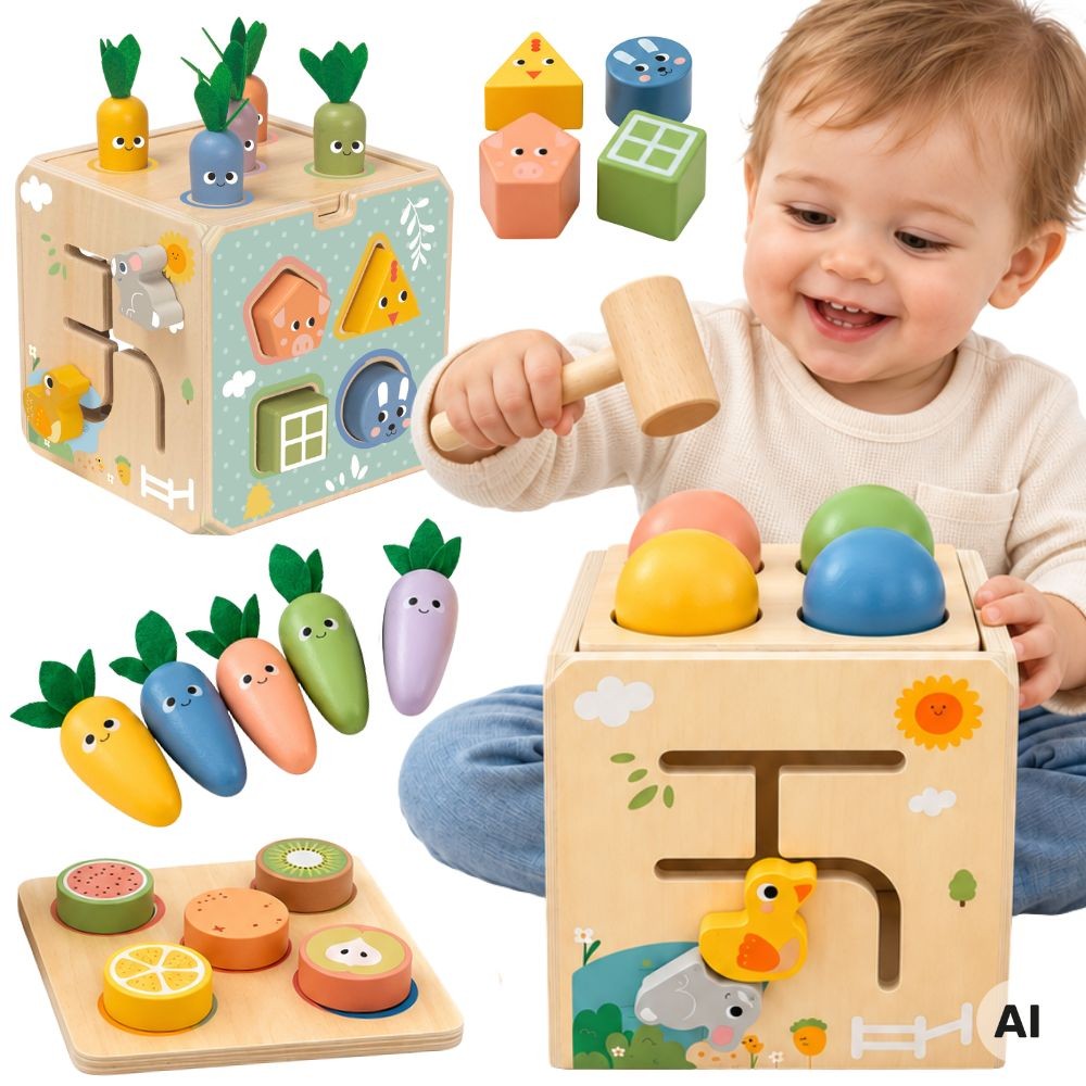 Tooky Toy Wooden 5-in-1 Activity Cube with Hammer