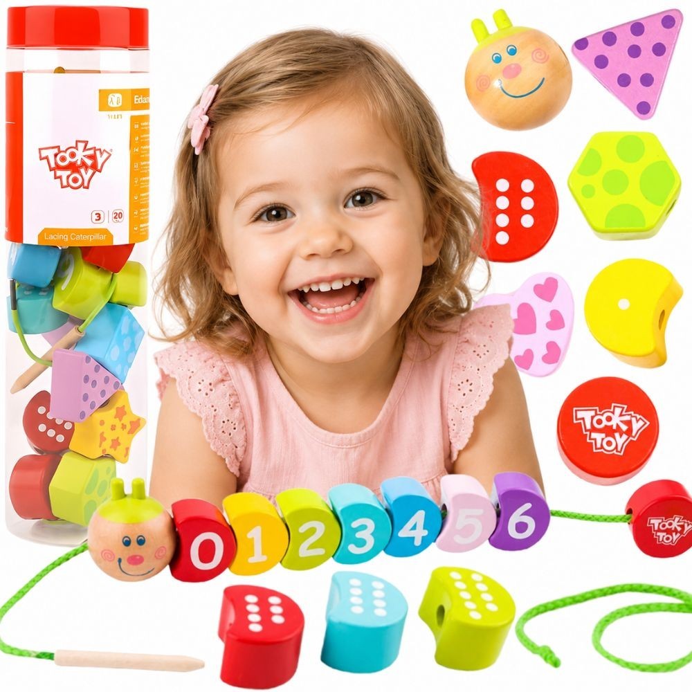 Tooky Toy wooden caterpillar counting lacing blocks