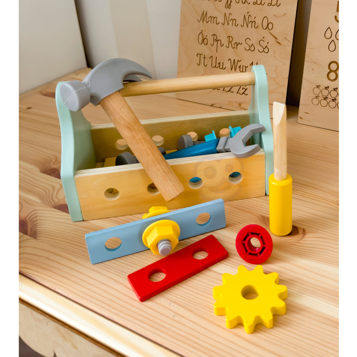 Gears and boards attached to the wooden toolbox