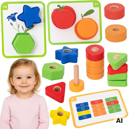 Viga Wooden Nuts and Bolts Set with Cards, 30 pcs