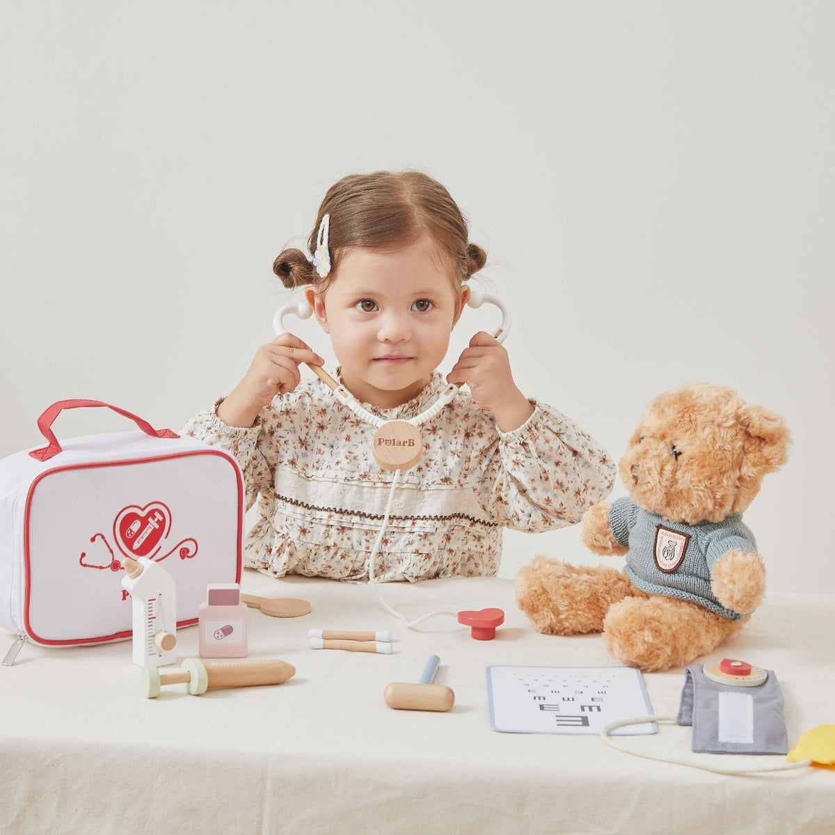 Wooden stethoscope, syringe and thermometer set