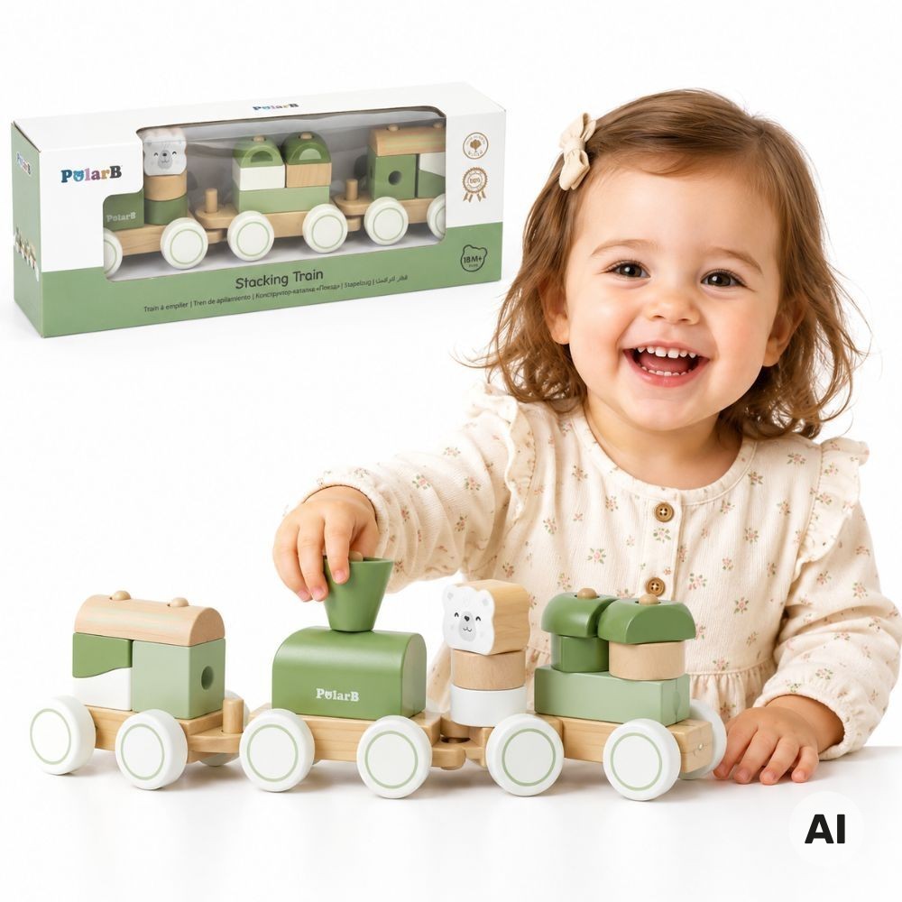 Viga PolarB Green Wooden Block Train with 3 Carriages