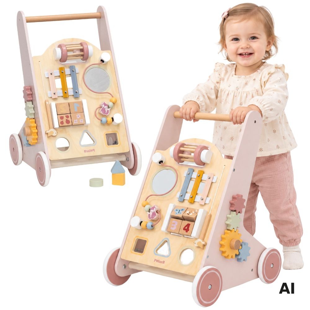 Viga PolarB pink wooden baby walker with activities