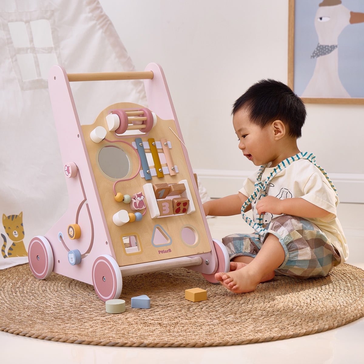 Storage box at the back of the wooden baby walker
