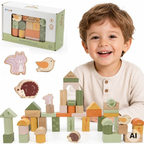 Viga PolarB Wooden Building Blocks with Animals, 50 pcs