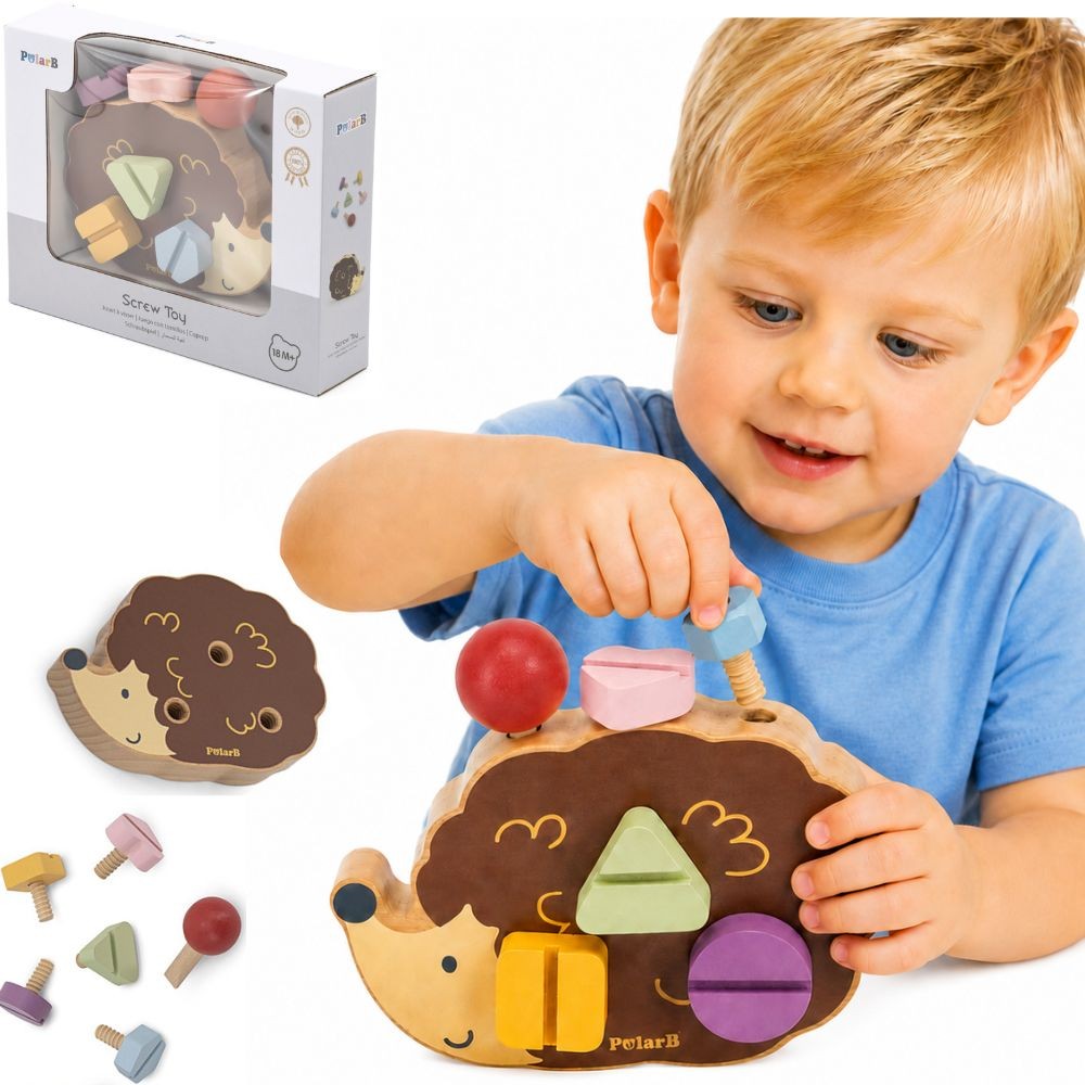 Viga PolarB koka ezītis ar skrūvēm – Montessori rotaļlieta