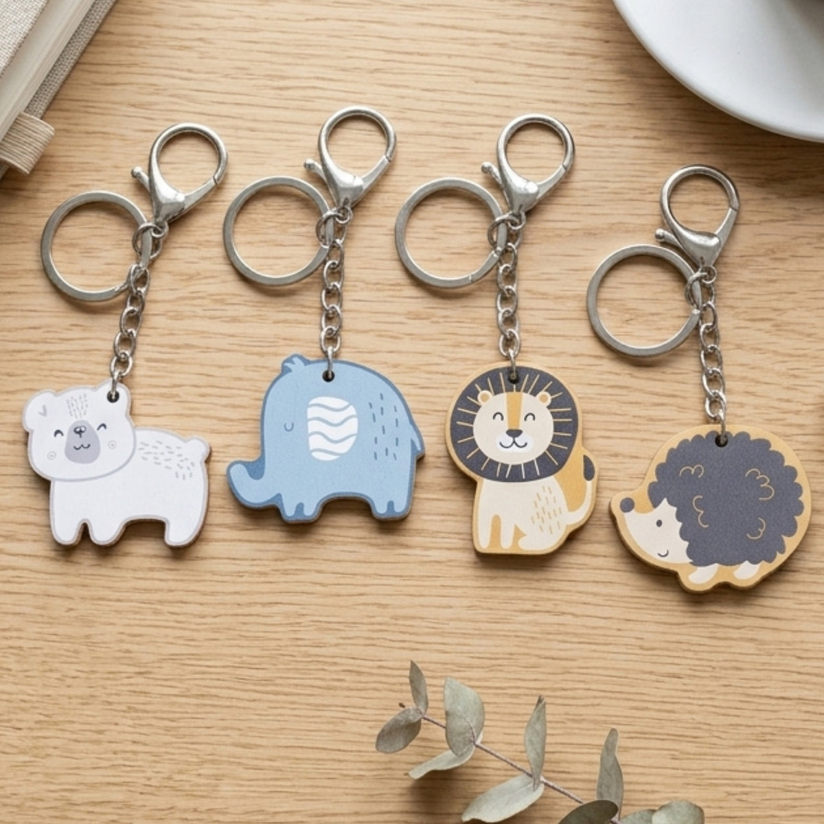 Wooden teddy bear keychain in soft colours for keys or bags