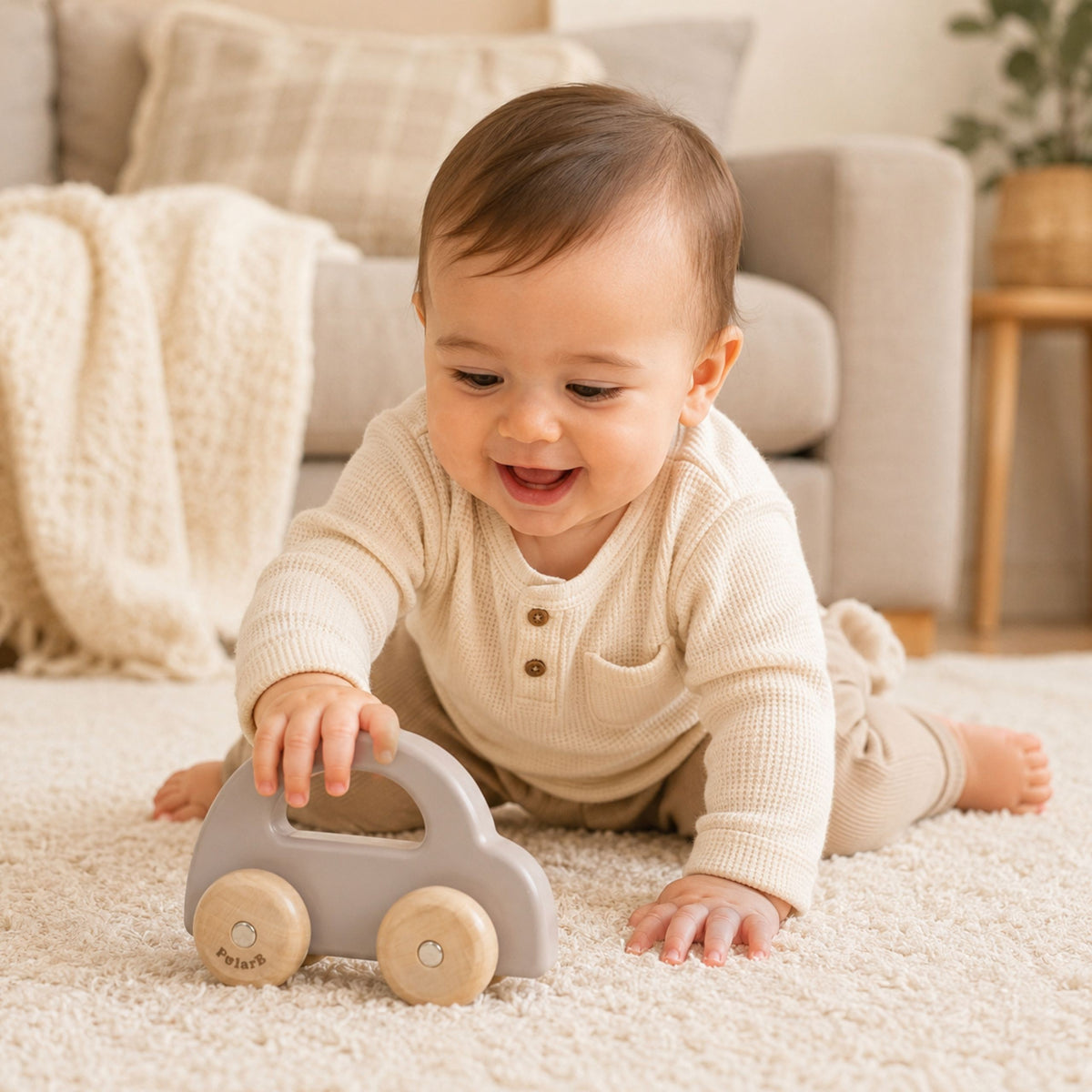 Baby pushing the wooden car across the floor