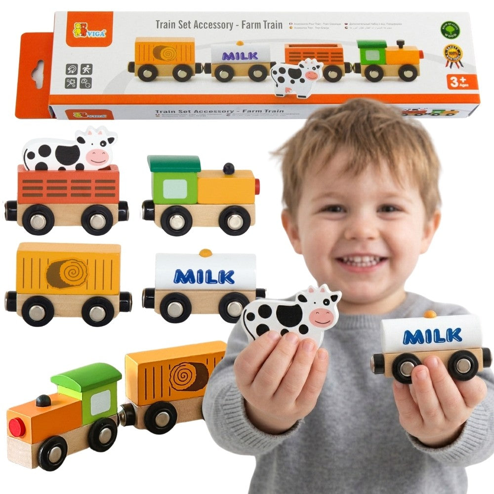 Viga wooden farm train with cow and horse wagons