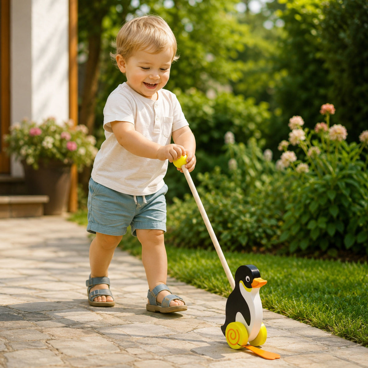 Toddler pushing the wooden penguin around the house