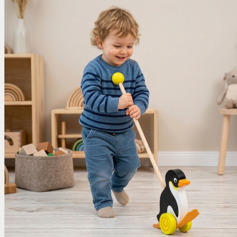 Anti-slip pads on the penguin's wooden wheels