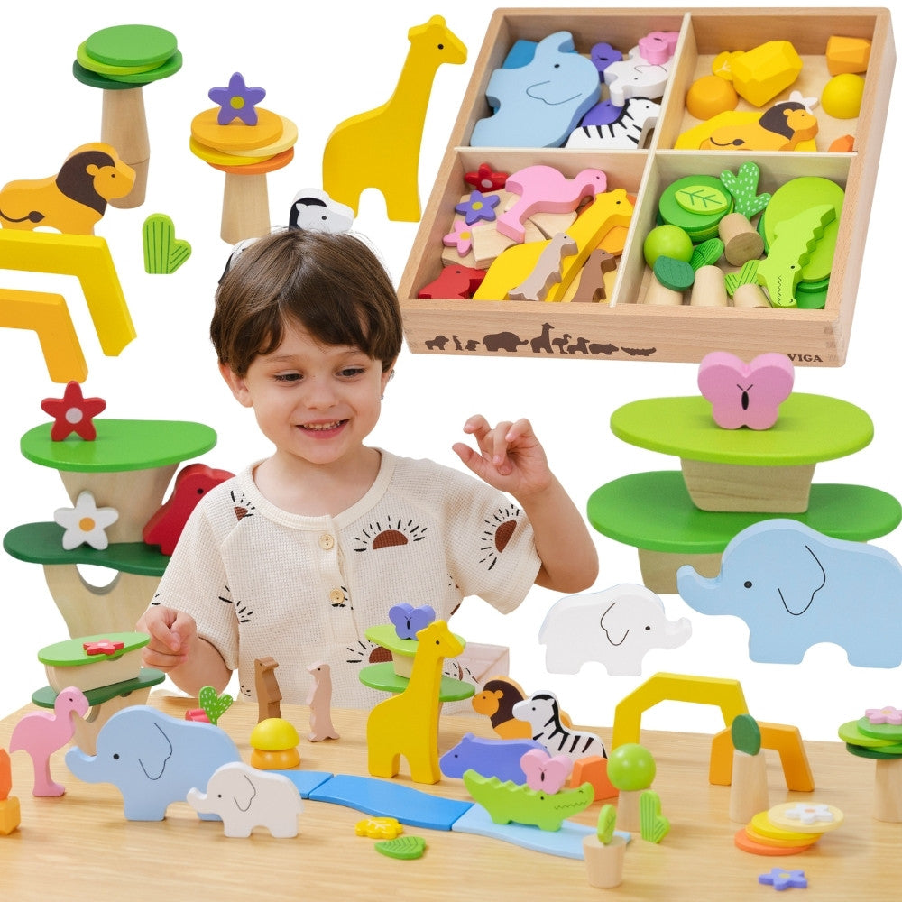 Viga Wooden Tropical Stories Blocks Box, 55 pcs