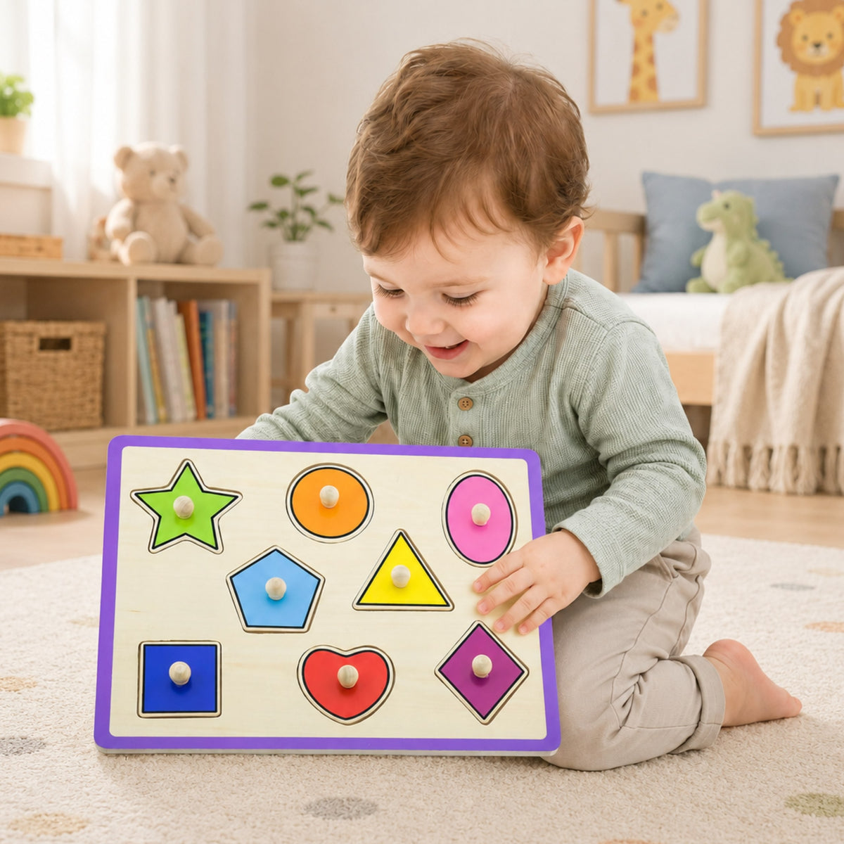 Viga wooden shape peg puzzle – eight colourful shapes