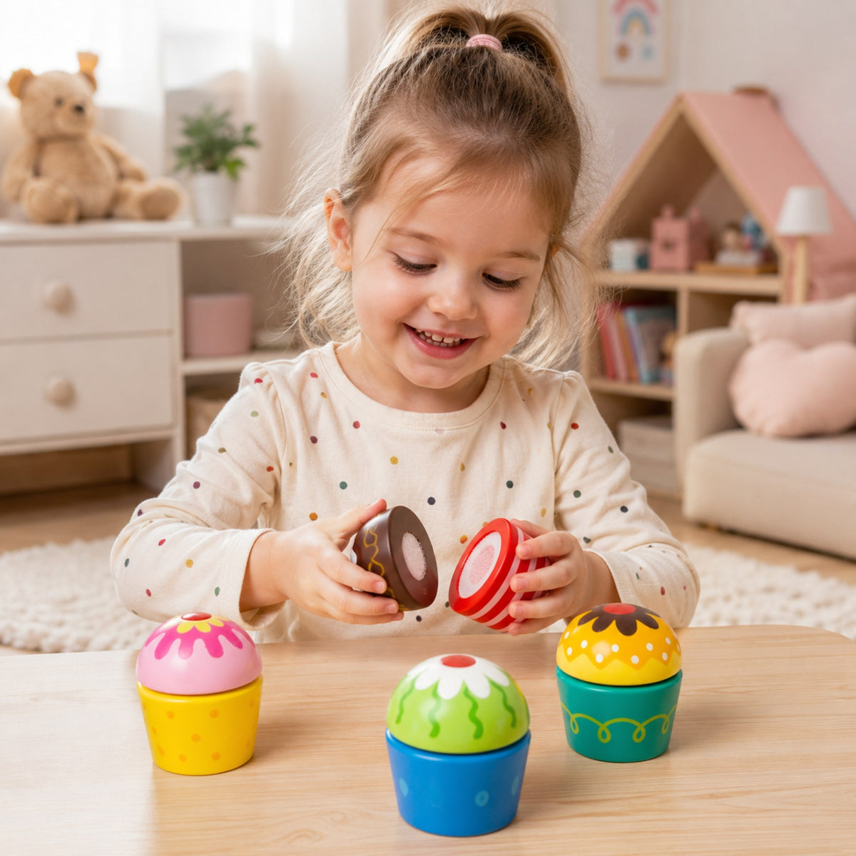 Four colourful wooden cupcakes with painted icing