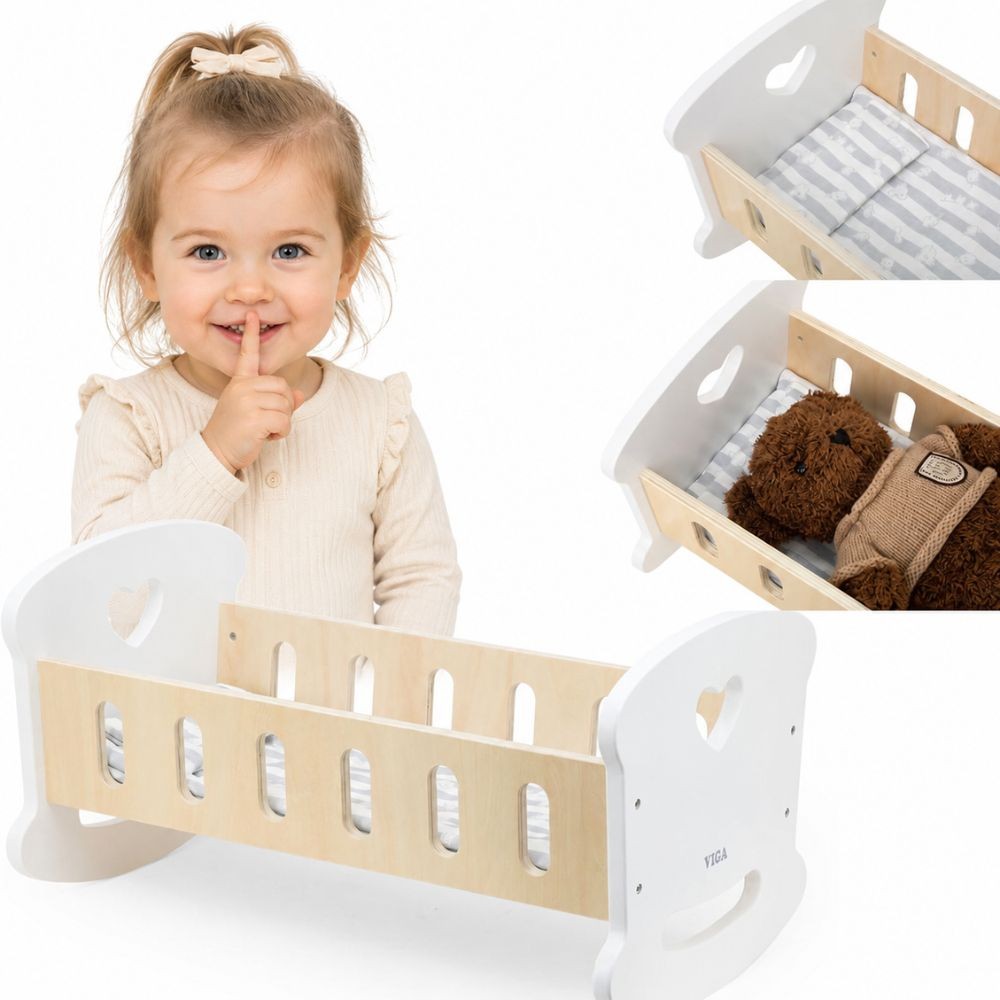 Viga Wooden Doll Cradle with Pillow and Duvet