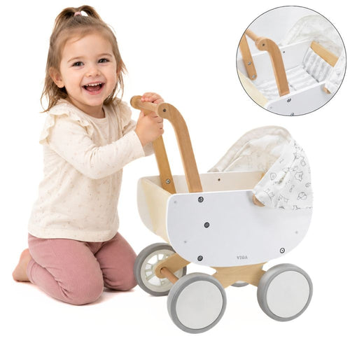 Viga Wooden Doll Pram with Fabric Hood for kids
