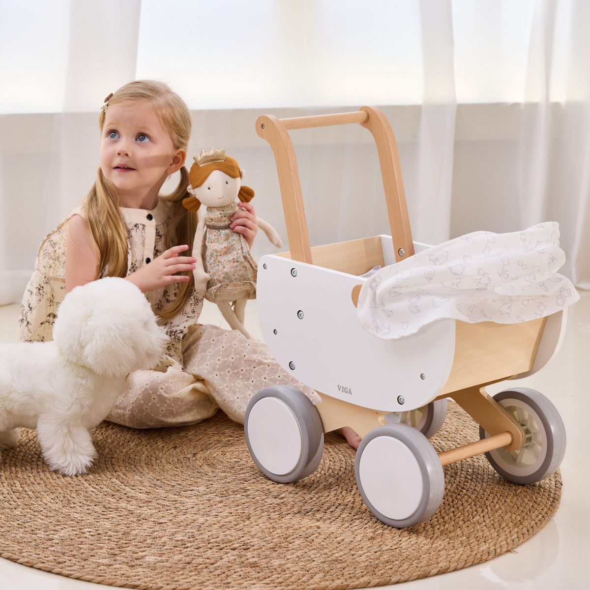 Viga wooden doll pram – fabric hood for kids