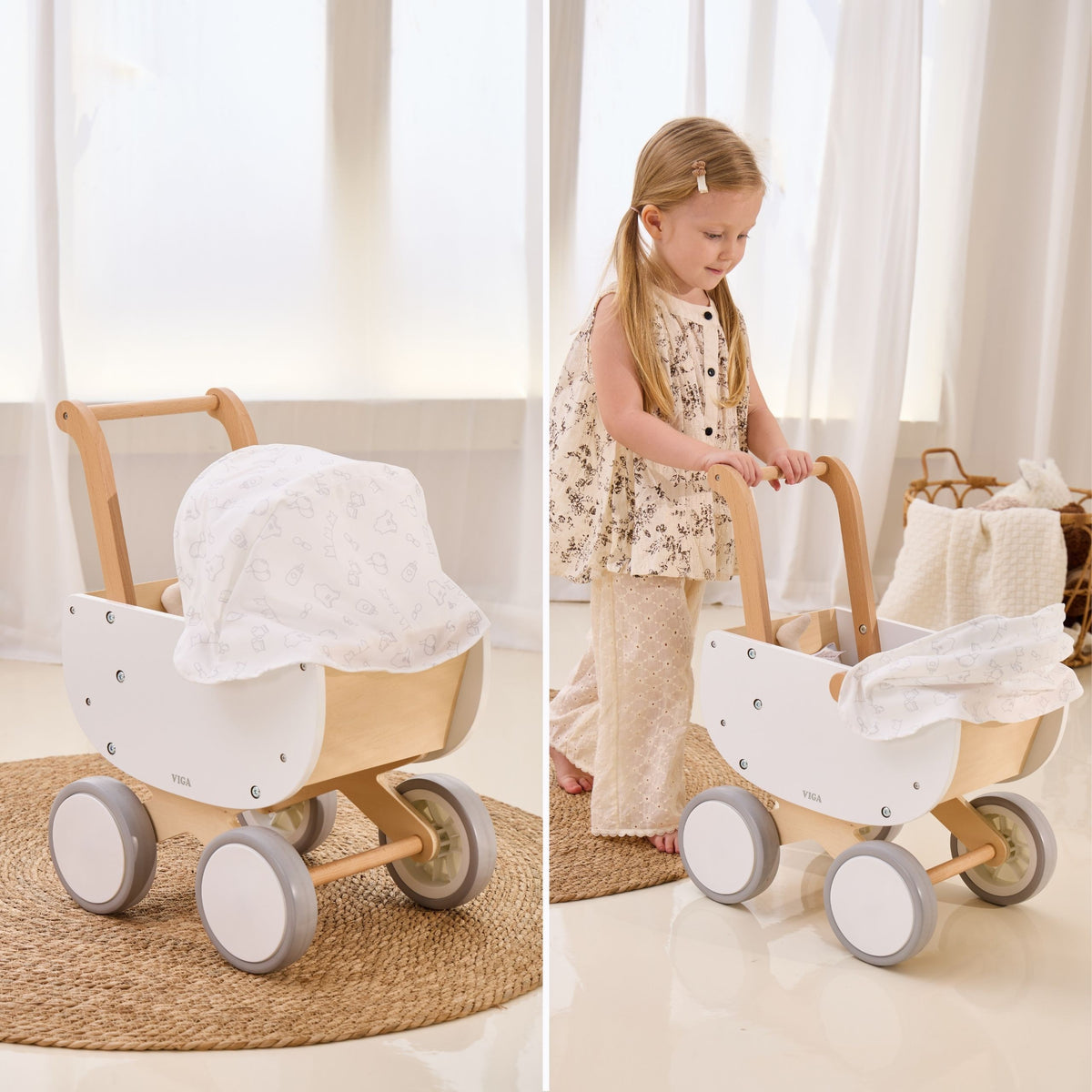 Viga wooden doll pram – toddler pushing the pram