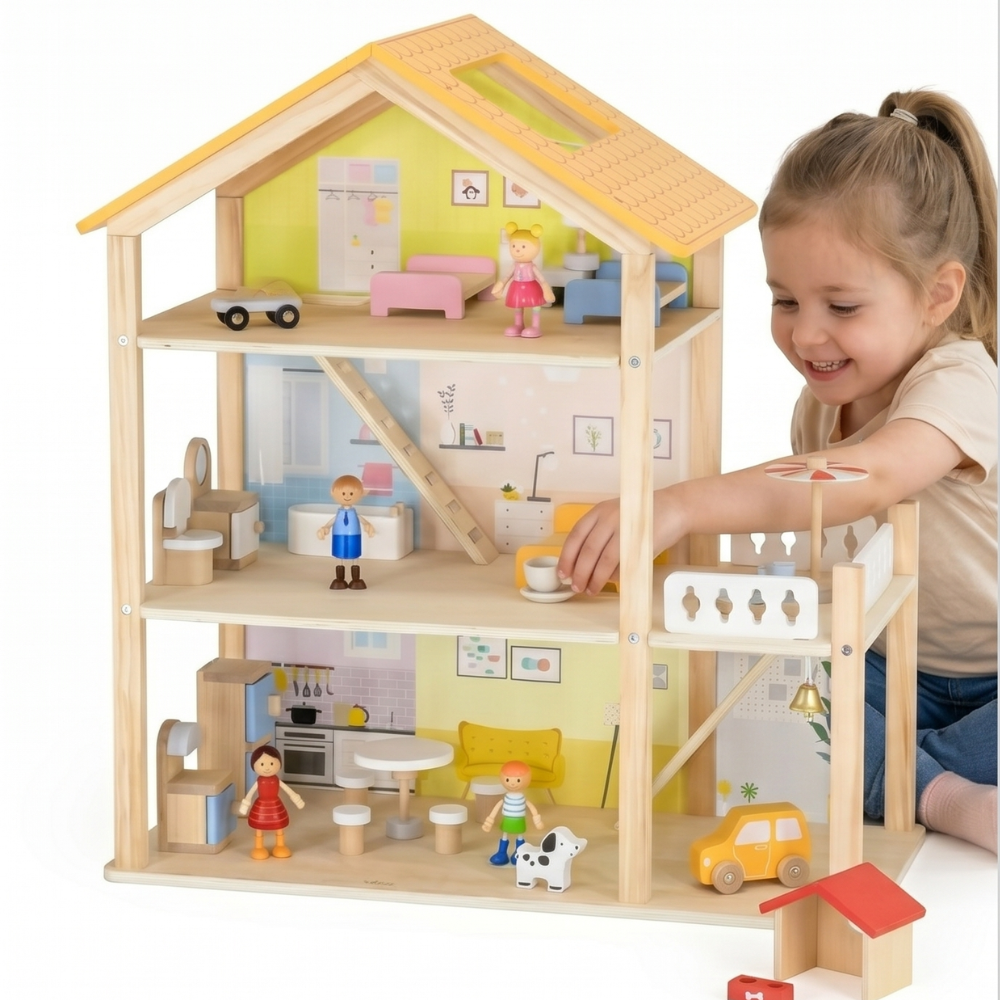 Viga PolarB Large Wooden Dollhouse with Figures, 32 pcs