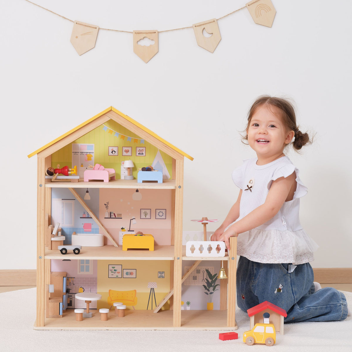 Viga PolarB wooden dollhouse – balcony with umbrella and deckchair