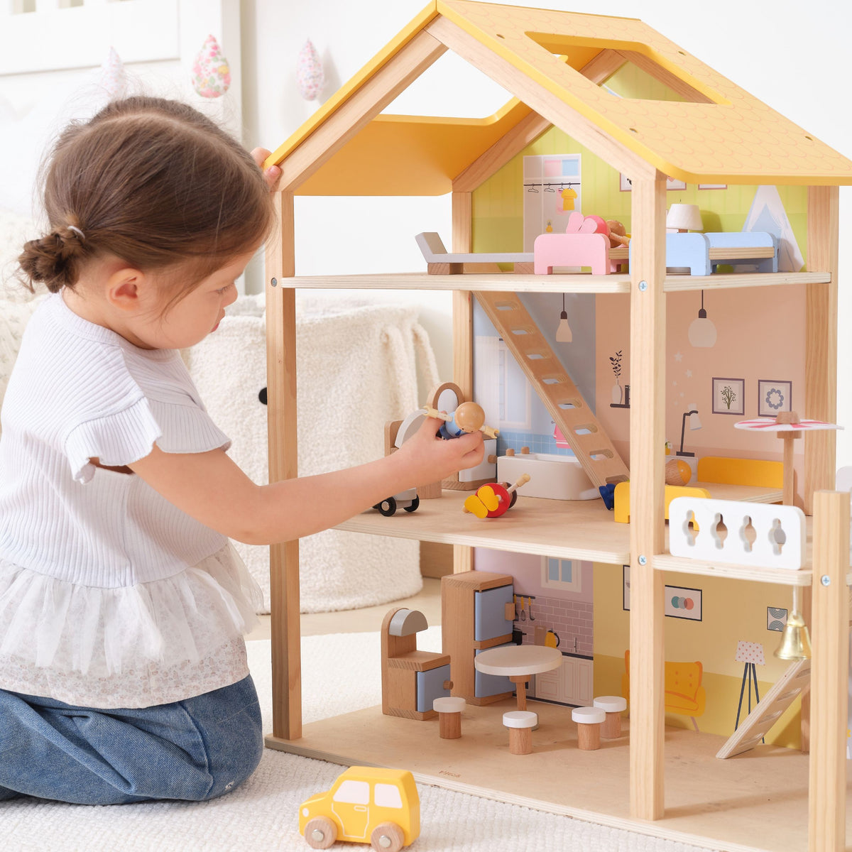Viga PolarB wooden dollhouse – garage with car and dog house