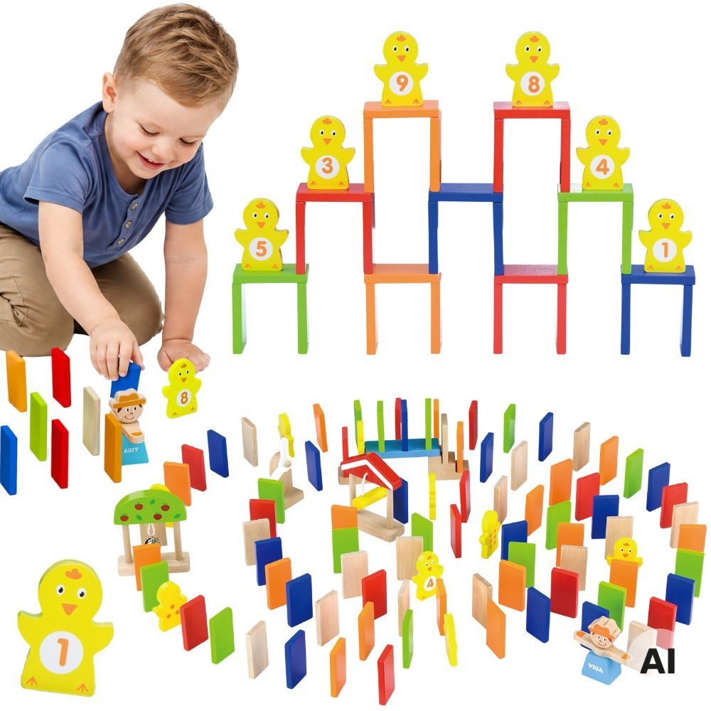 Viga koka domino trase, 122 detaļas bērniem