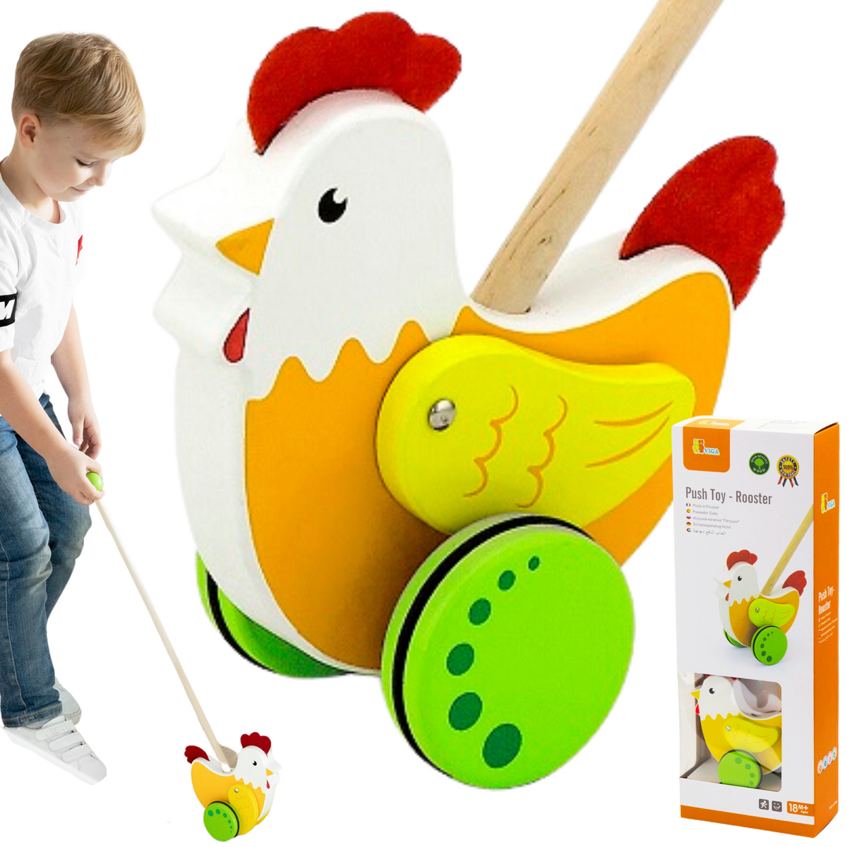 Viga wooden push-along hen on a stick for toddlers