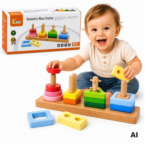 Viga Wooden Geometric Shape Sorter on Pegs, 12 pcs