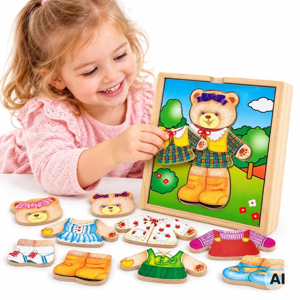 Viga wooden dress-up puzzle teddy bear girl, 18 pieces