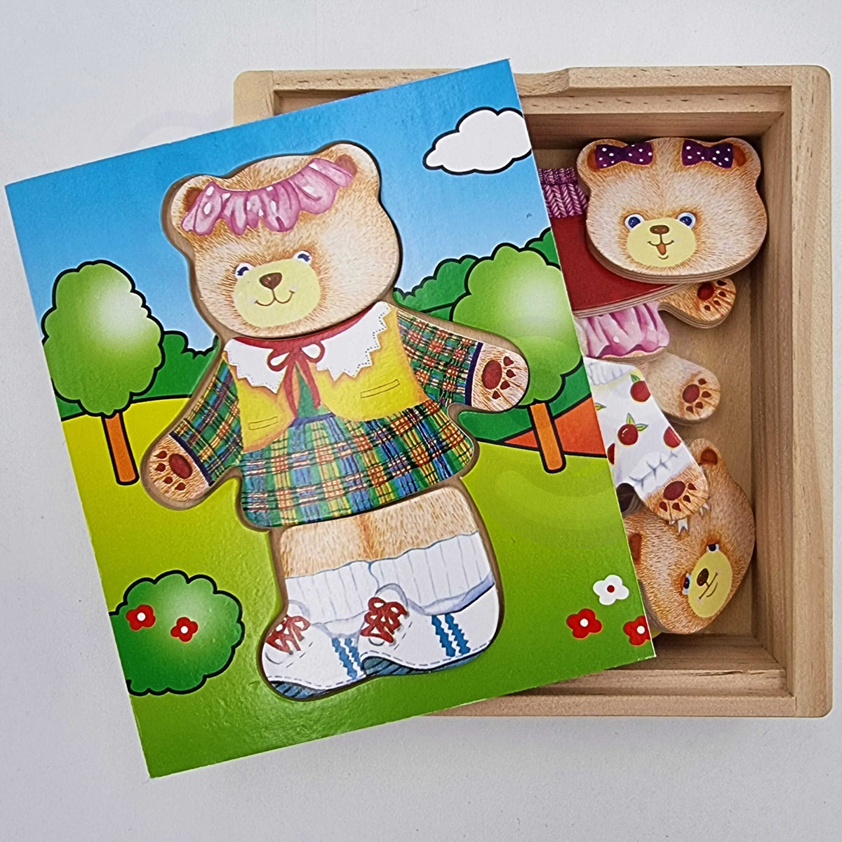 Viga teddy bear puzzle stored in its wooden box