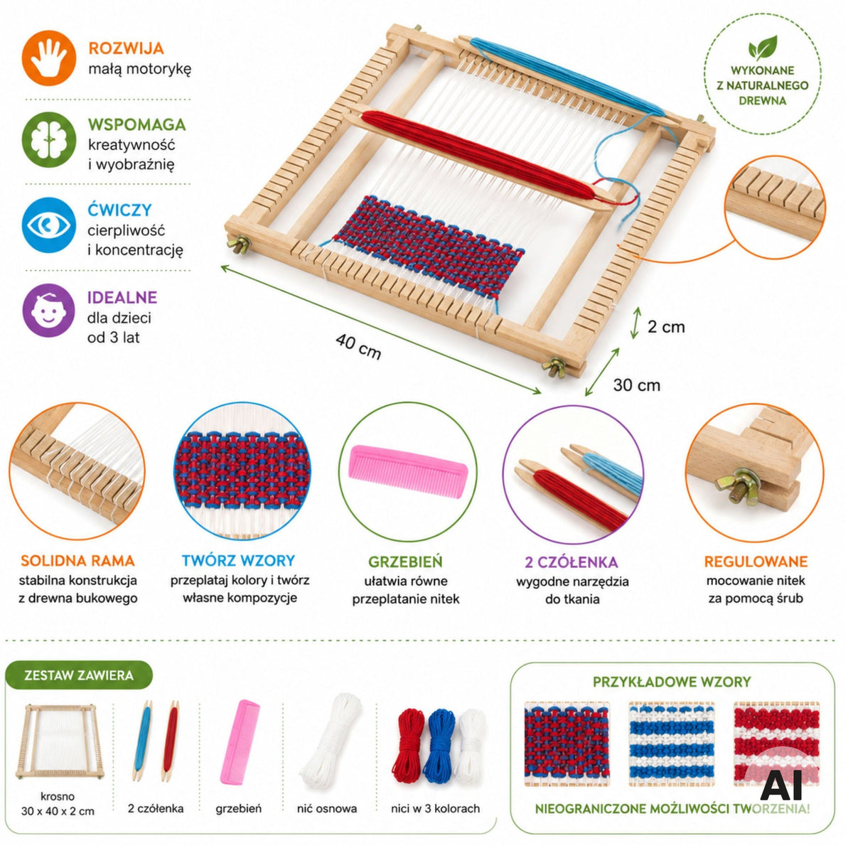 Wooden weaving loom – beater comb and moving heddle
