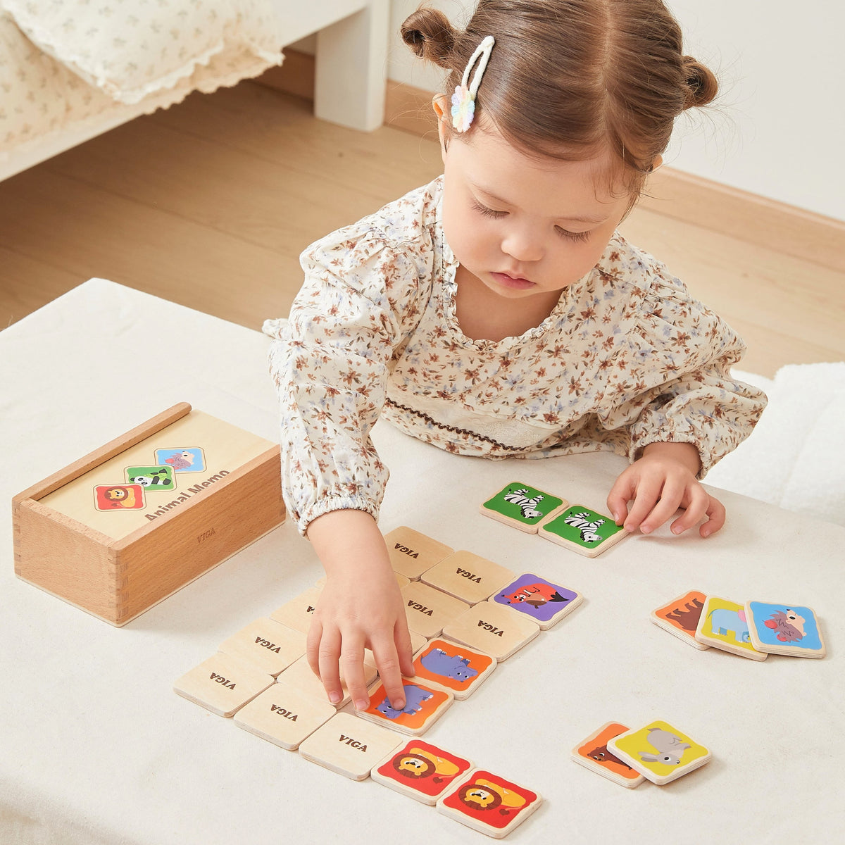 Viga Memo Animals game – wooden box with sliding lid