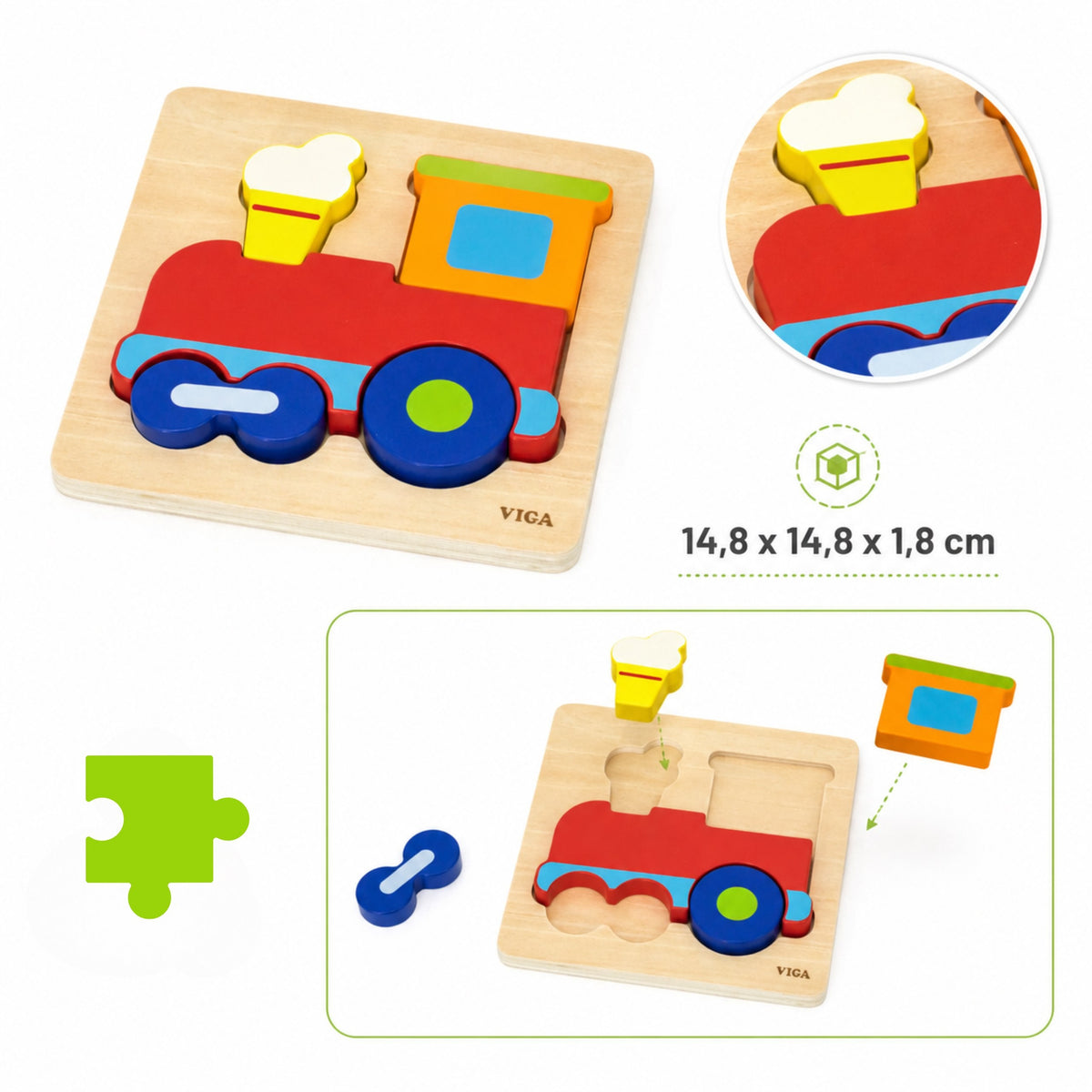 Viga wooden train puzzle – toddler placing a piece
