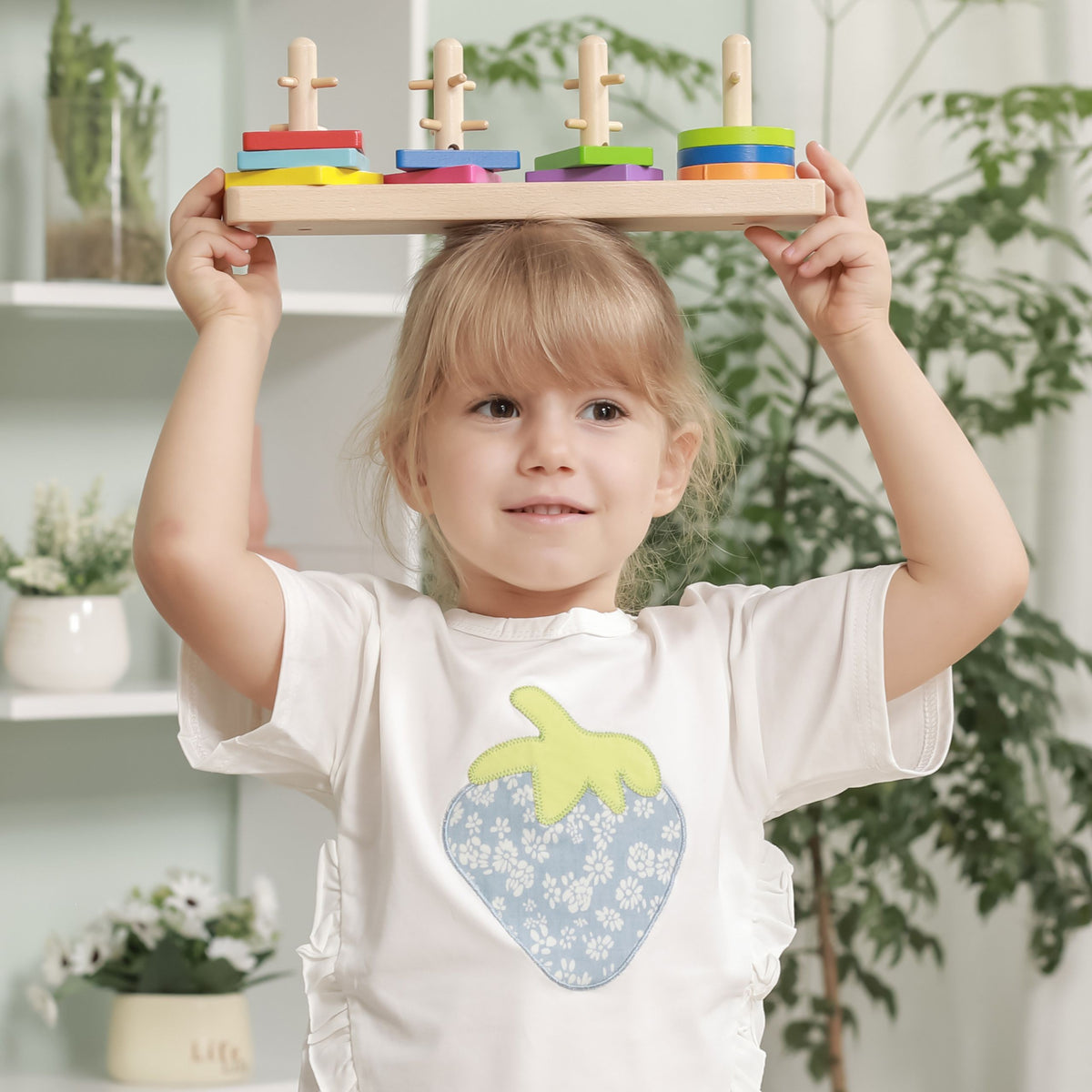 Wooden shape sorter blocks laid out by colour