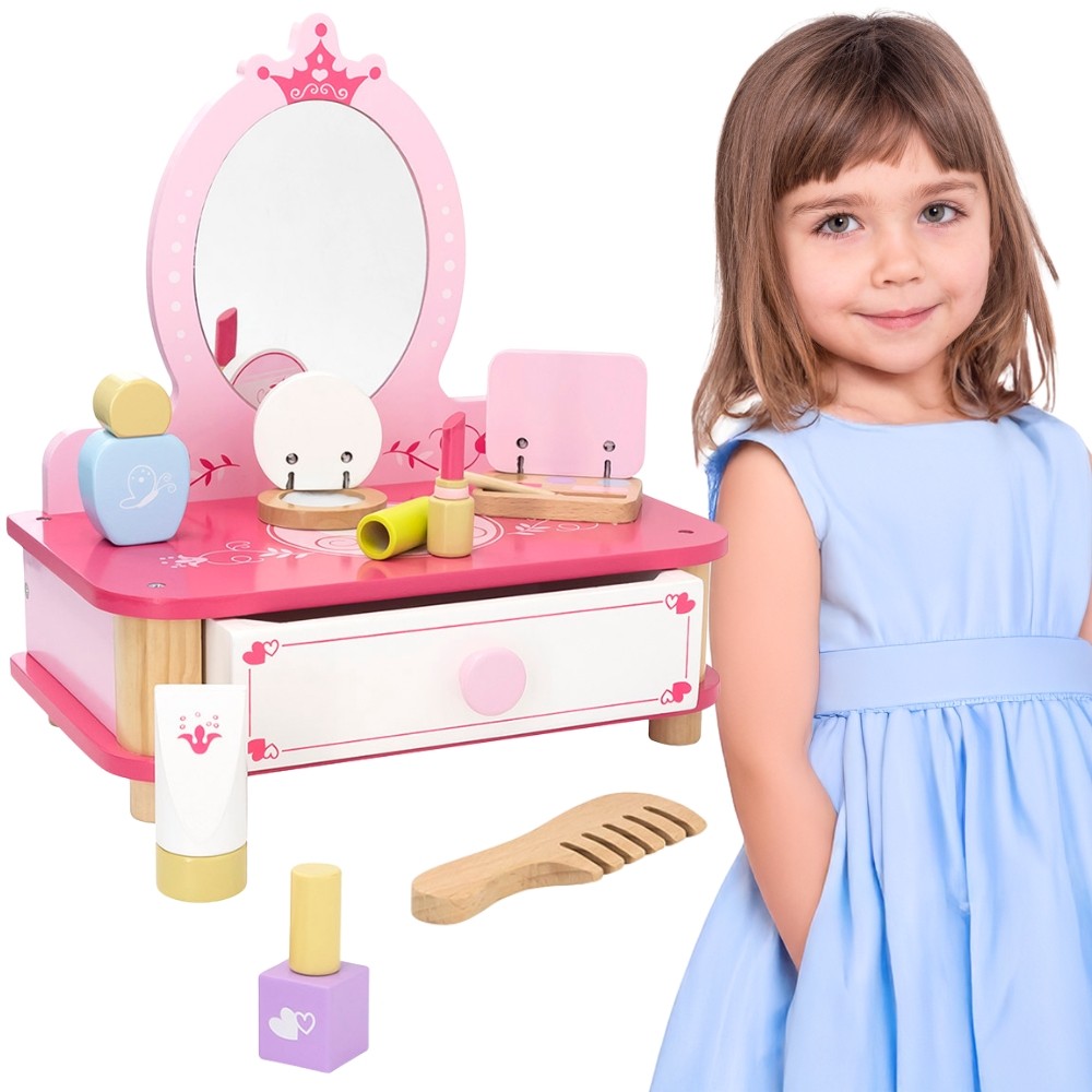 Viga Wooden Pink Vanity Table with Mirror and Accessories