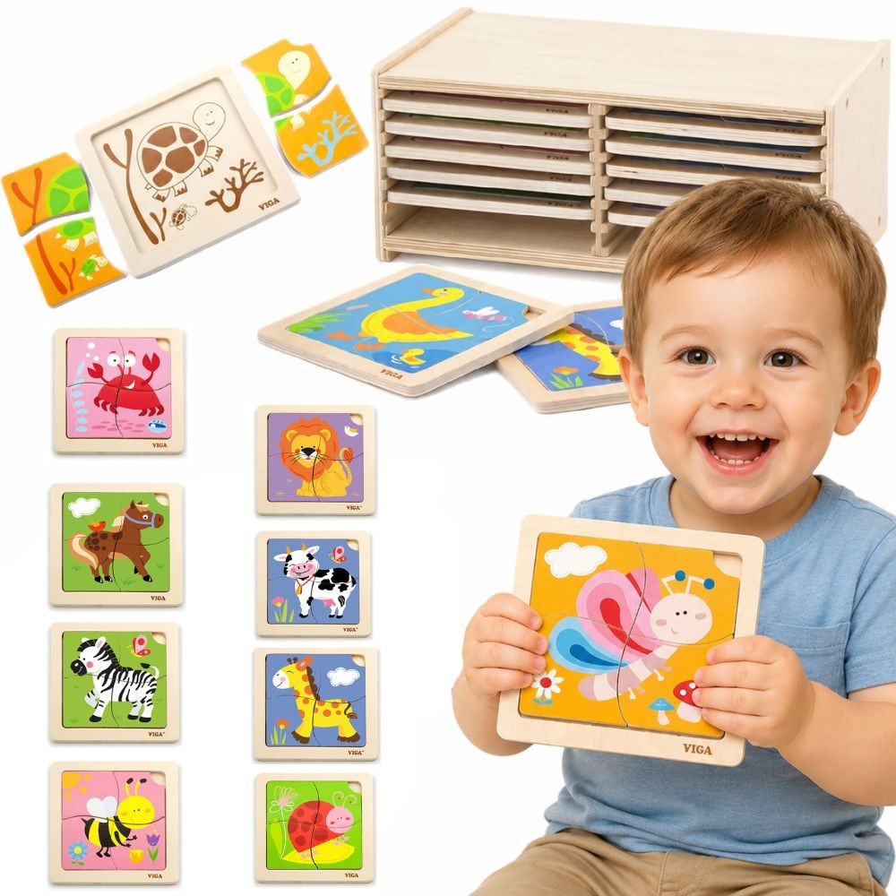 Viga 12 Wooden 4-Piece Puzzles in a Stand