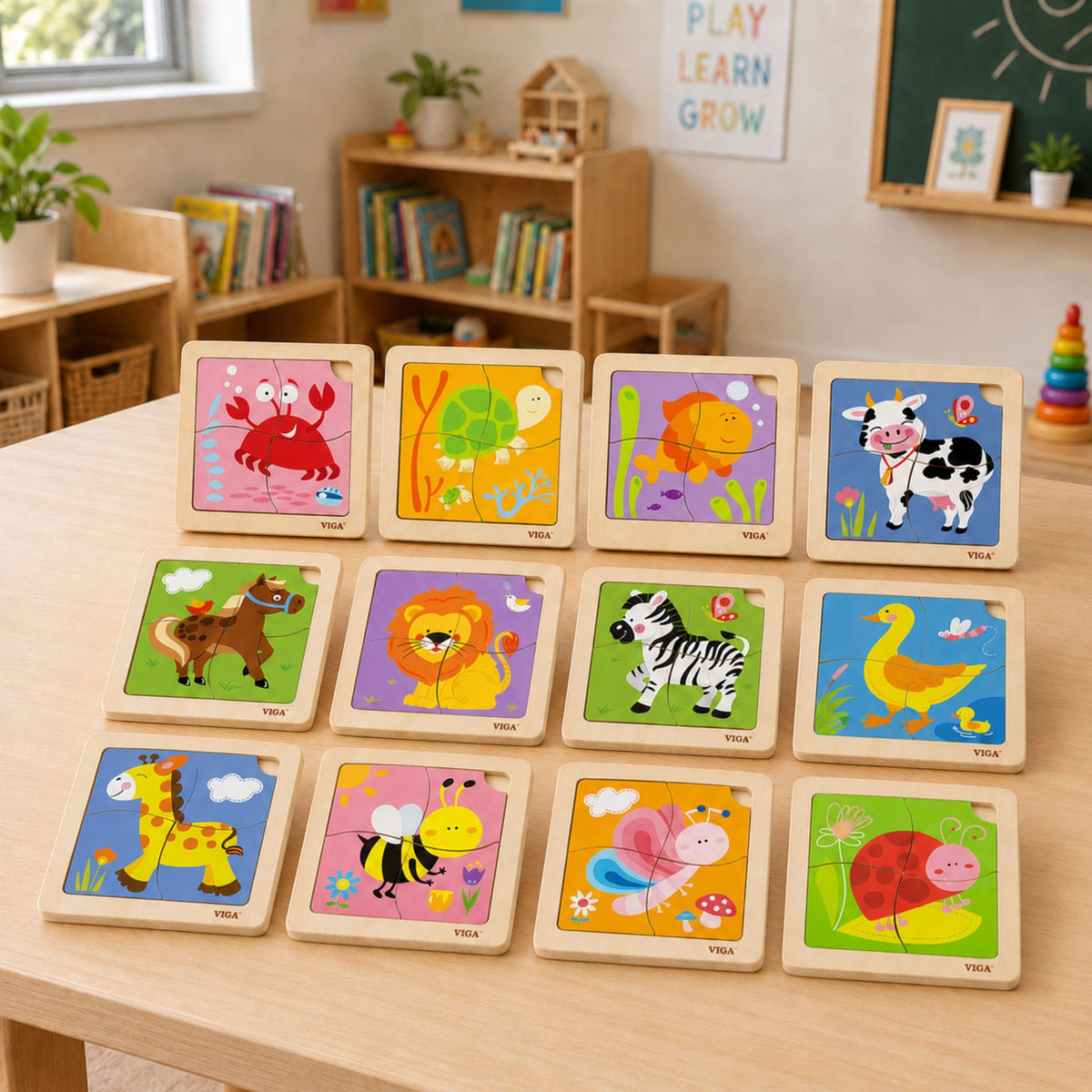 Viga 12 puzzles in a stand – colourful pieces