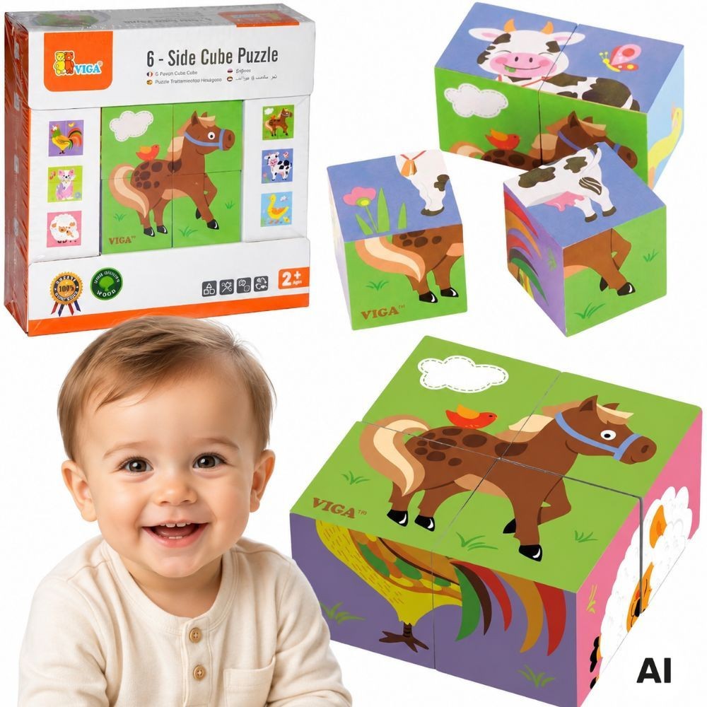Viga wooden picture cube puzzle farm, 4 blocks