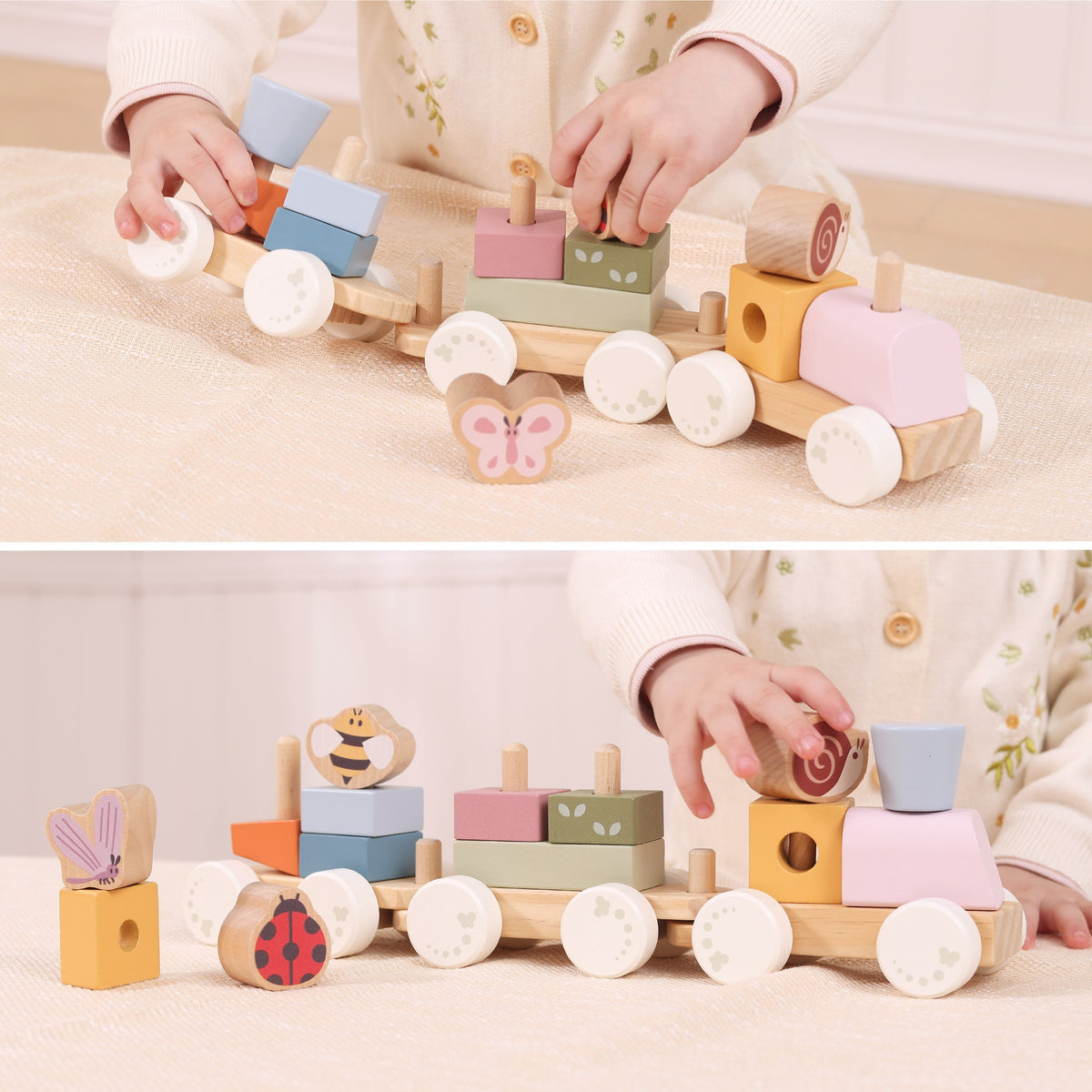 Viga spring stacking train – pastel blocks stacked on wagons