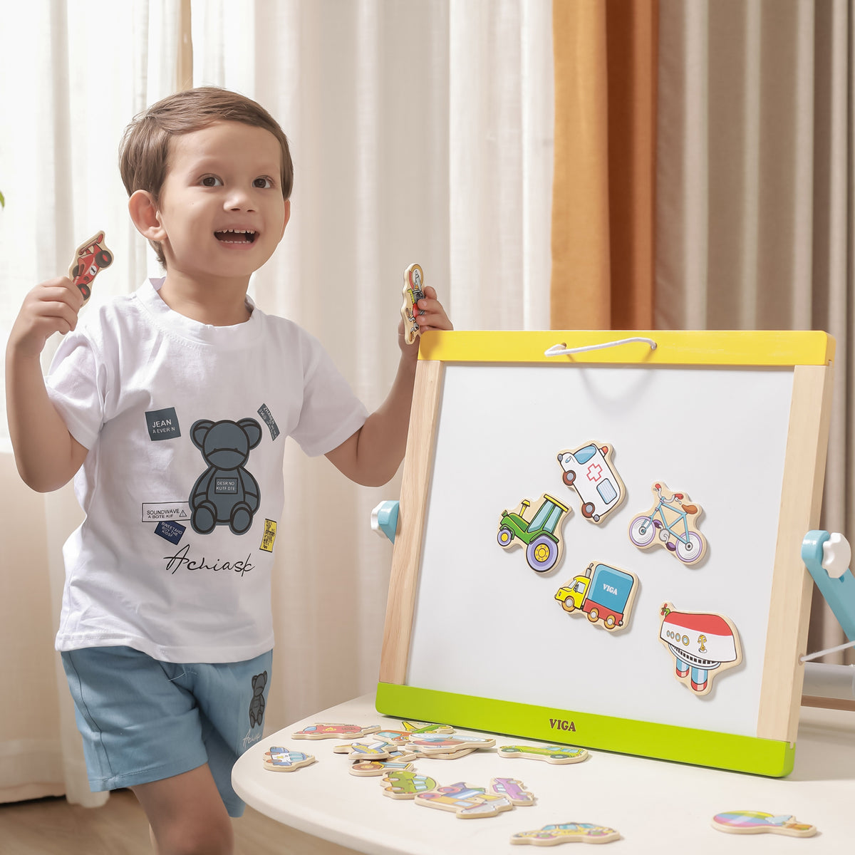 Viga wooden vehicle magnets – colourful storage box
